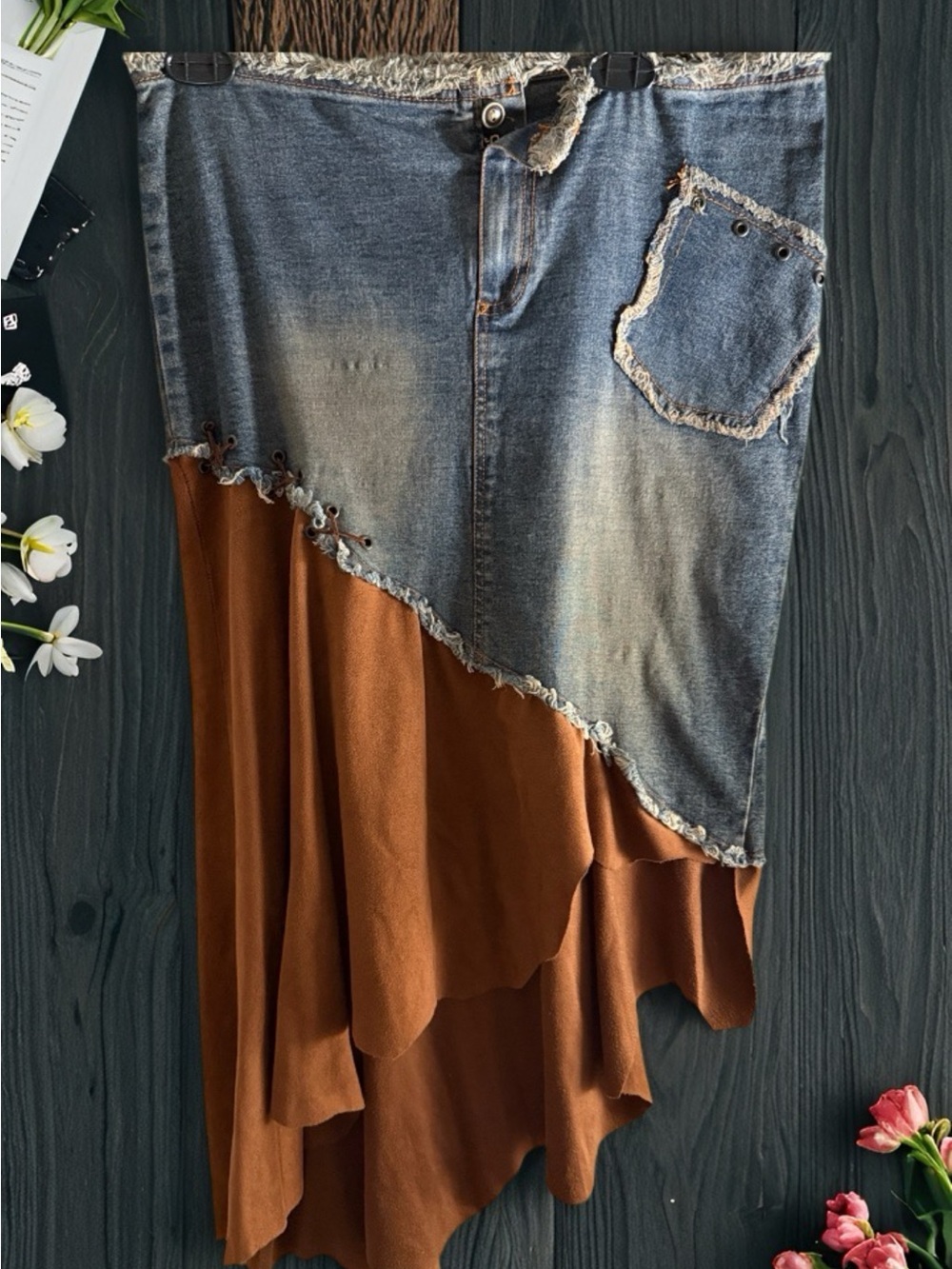 Asymmetrical Denim & Brown Layered Maxi Skirt